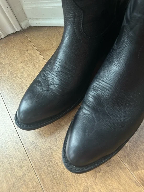 Men's Black Leather Western Cowboy Boots - Classic Pull-On Style - Picture 5 of 10